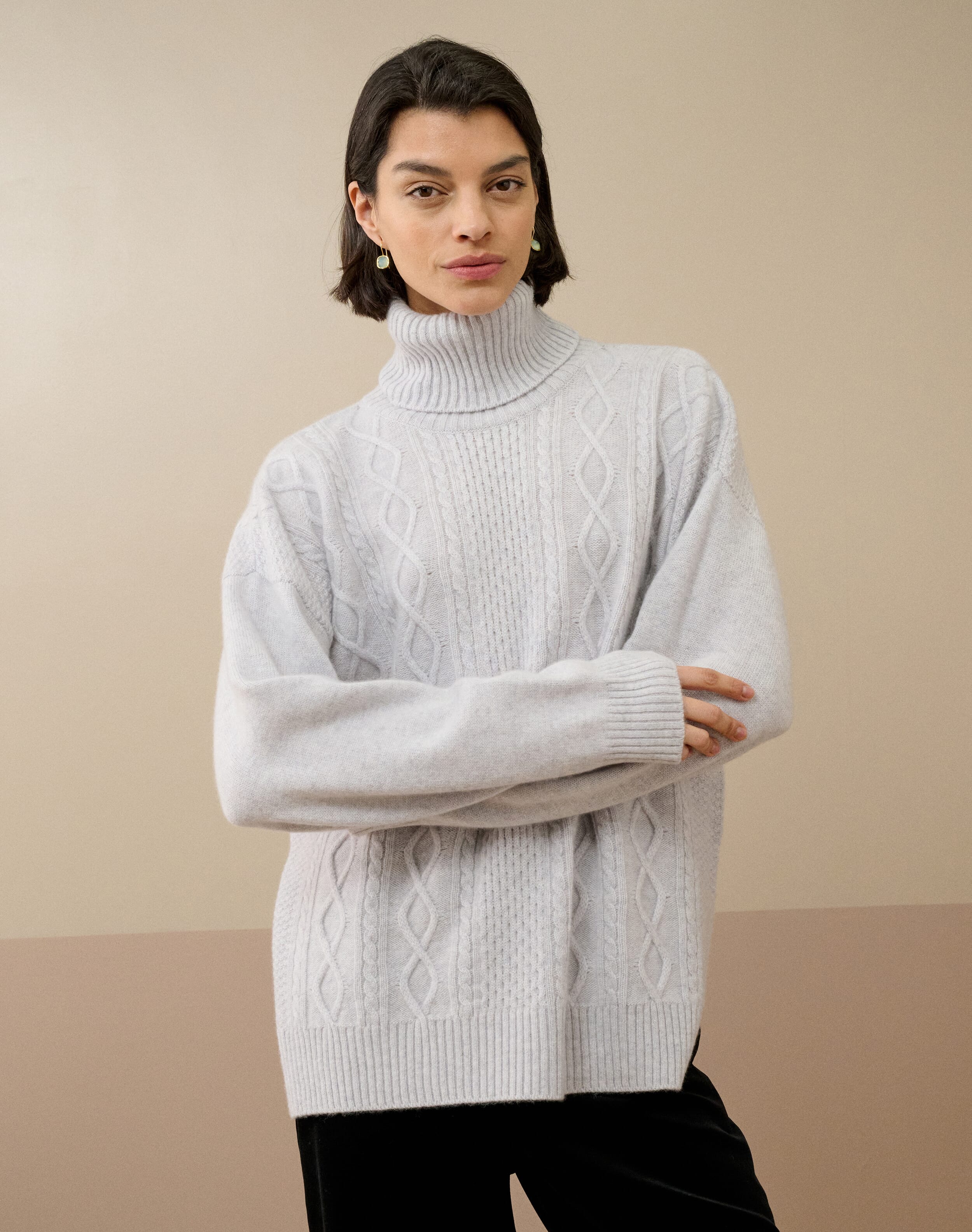 Brora Cashmere Aran Polo Neck Pearl