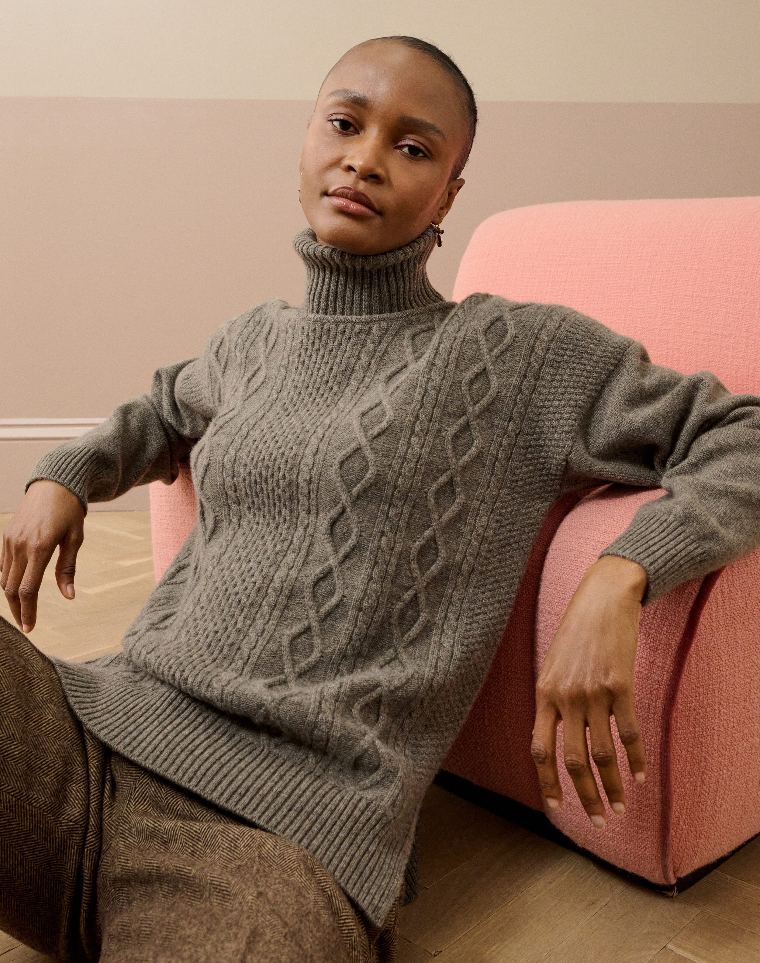 Brora Cashmere Aran Polo Neck Pearl