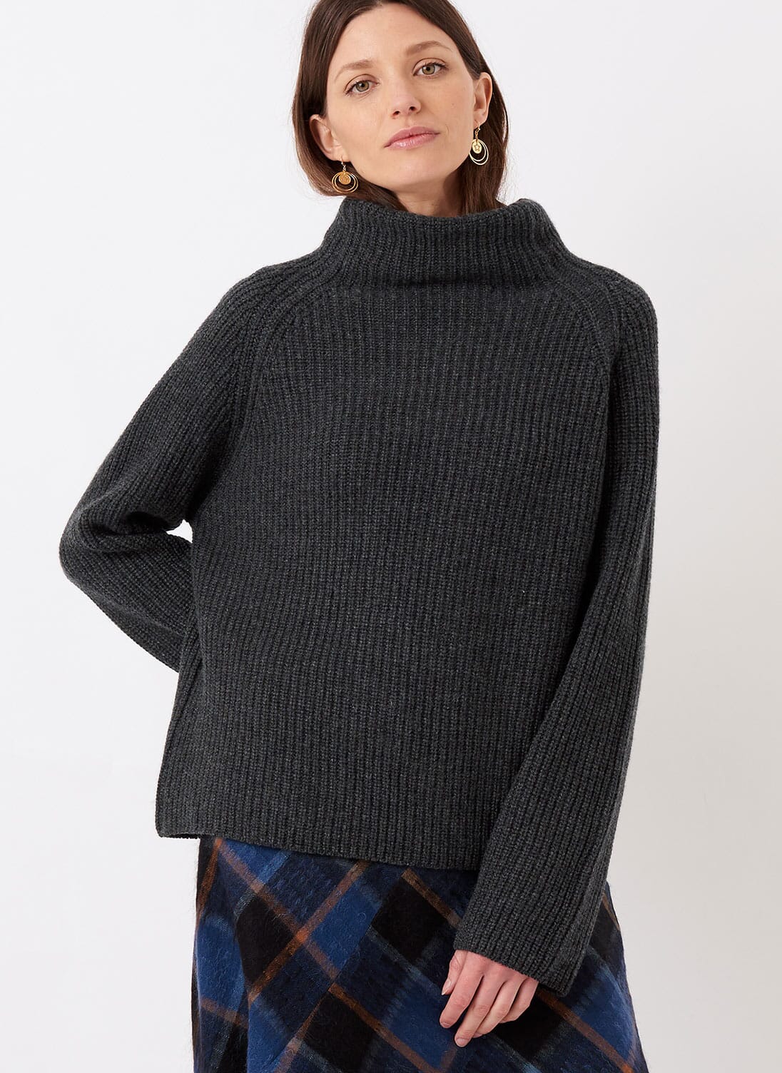 Carbon Cashmere Ribbed Funnel Neck | Women's Polo Necks | Brora