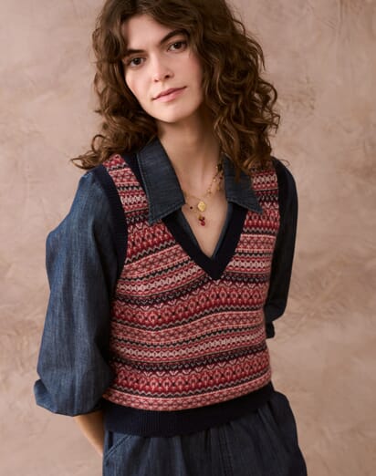 Women's French Navy Cashmere Fair Isle Tank Top Brora Sale